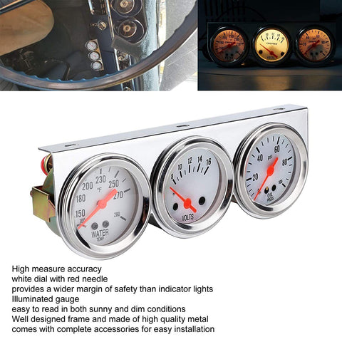 2'' 52mm Mechanical Chrome Triple Gauge Set Water Temp Oil Pressure Volt Meter
