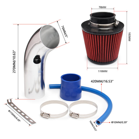 3'' Universal Car Cold Air Intake Filter Induction Pipe Kit Aluminum Power Flow Hose System