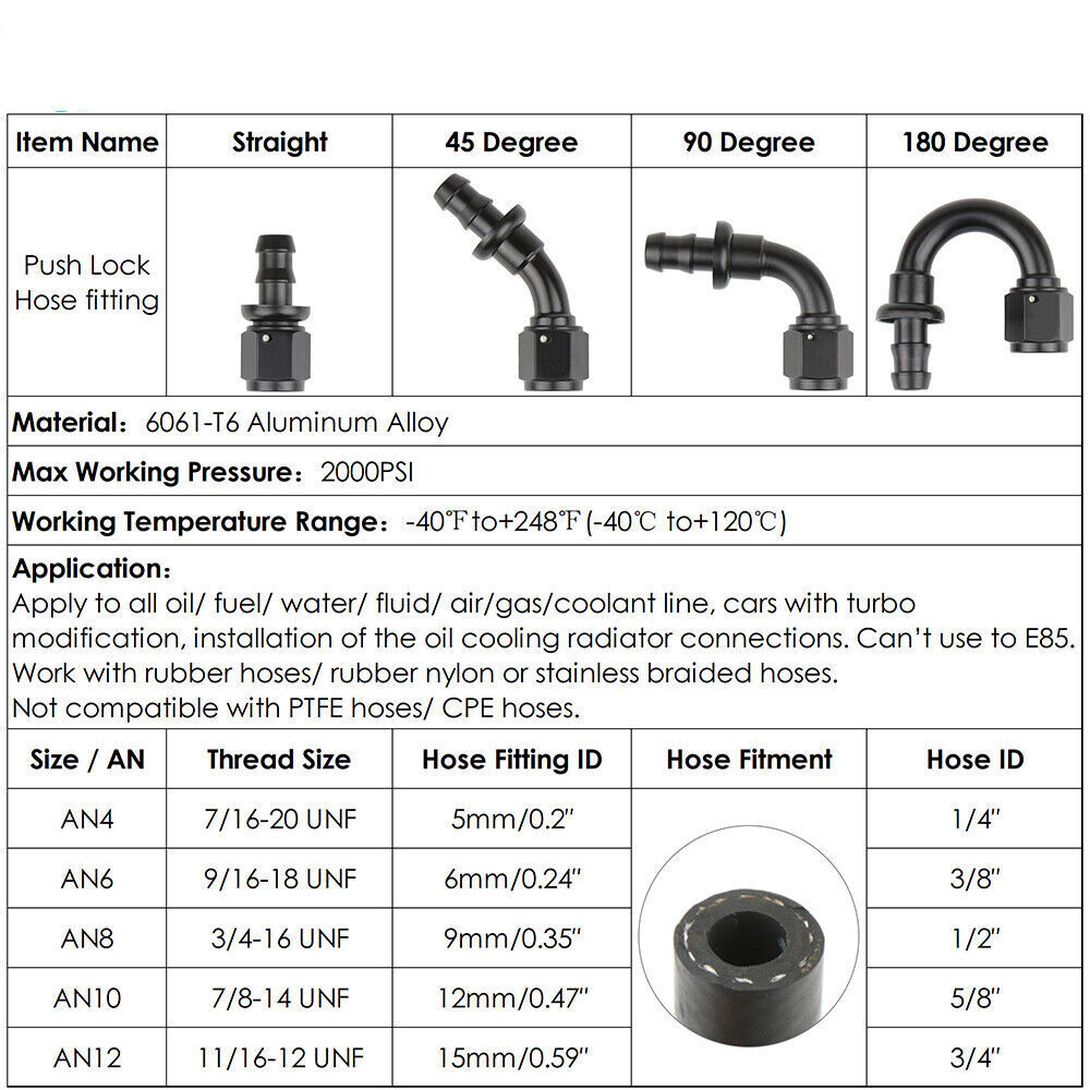 EVIL ENERGY 8AN 90 Deg Fittings Hose End Push Lock Black for 1/2 Inch ID  Nylon Rubber CPE Fuel Line 