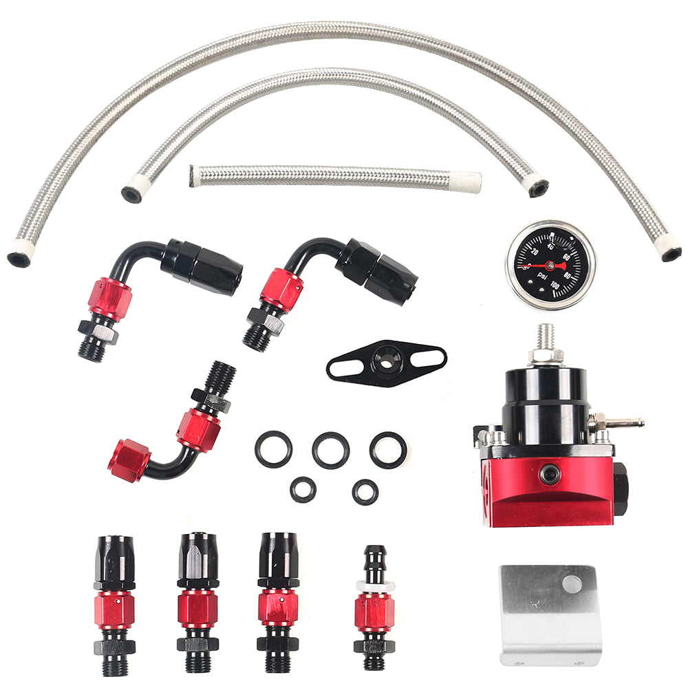 Universal Red Adjustable Fuel Pressure Regulator Kit Oil 0-100psi Gauge -6AN